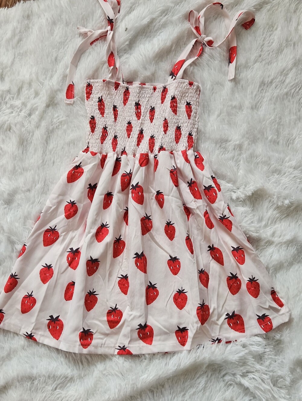 Girls Pink Sundress with Red Strawberry Print - Casual Tie-Strap Dress
